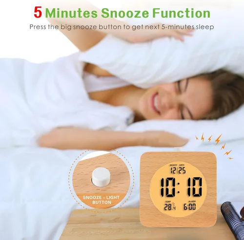 Miniatura 3 de Plumeet Reloj Despertador Digital de Madera para Dormitorios, Reloj Despertador de Madera de 4'' a Batería con Repetición y Luz Nocturna, Reloj