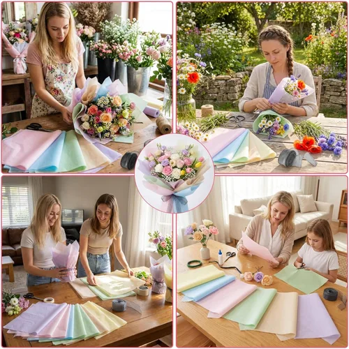 Miniatura 7 de VinTS 48 hojas de papel de forro de algodón de 23.6 x 23.6 pulgadas, estilo coreano de papel de forro de ramo floral impermeable, papel de regalo