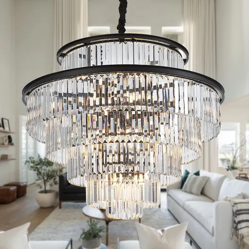 Miniatura 18 de Lámpara de Araña de Cristal Moderna Negra de 21.7", Accesorios de Iluminación de Lujo, Candelabros de Cristal de 2 Anillos para Comedor, Iluminación
