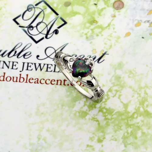 Miniatura 2 de Anillo Claddagh de plata de ley con topacio místico y circonita cúbica, 0.354in (tamaño 3 a 13)