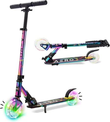 Patinete Aero para niños de 5 a 8 años, luces dinámicas, freno de mano y absorción de golpes, scooter de 2 ruedas para niños y niñas, plegable y