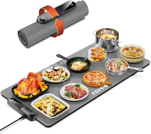 FEPPO Tapete de calentamiento de alimentos, (XXL, 35 x 16 pulgadas), bandejas de calentamiento eléctricas para fiestas de bufés, tapete de Gris