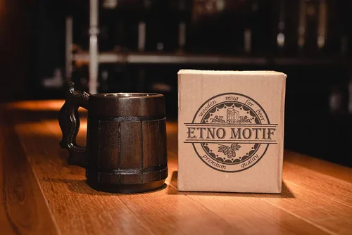 Miniatura 7 de Taza de madera hecha a mano de 20 onzas, taza de acero inoxidable tallada de cerveza natural, color marrón antiguo, taza de cerveza tallada