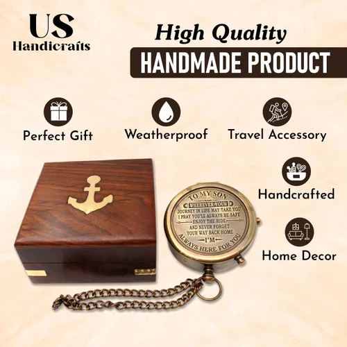 Miniatura 7 de Brass Compass with Wooden Case Engraved Compass from Mom to Son Graduation Gift, Birthday, Inspirational Travel Keepsake Bronce 3