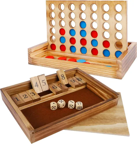 Glintoper Set de Juego de Mesa Shut The Box y 4 en fila, Juego Clásico de Dados de Madera con Números y Alinea 4 para Niños y Familia, Decoración