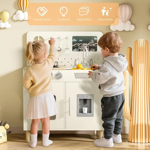 Miniatura 7 de MAMIZO Juego de cocina para niños, juego de simulación con pizarra y luces y sonidos realistas, cocina de madera interactiva definitiva con sonidos