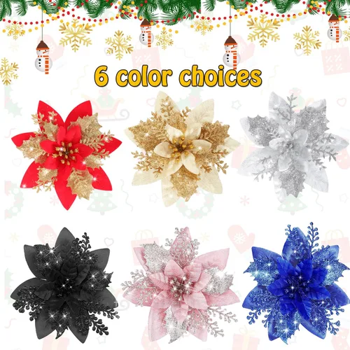 Miniatura 8 de Decoración de Flores de Pascua de Navidad - 12 Piezas de Flores de Pascua Artificiales Rojas Doradas Ornamentos para Árbol de Navidad con Purpurina