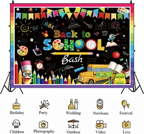 Miniatura 5 de Telón de fondo de pizarra de regreso a clases, primer día de escuela, fiesta, lápiz, autobús escolar, decoración colorida para niños, cabina