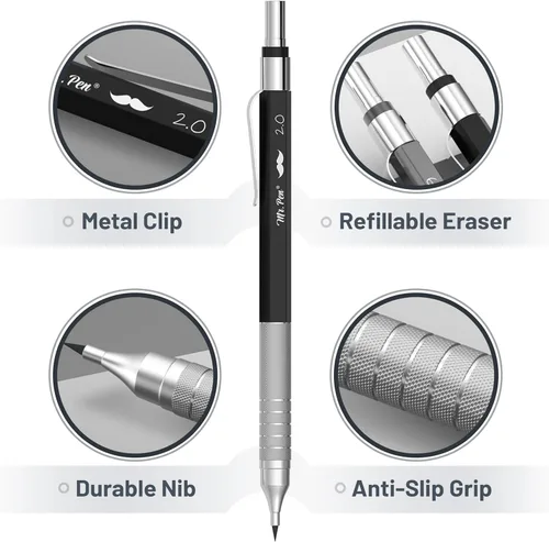 Miniatura 3 de Mr. Pen - Juego de lápices mecánicos de metal con recambios de plomo y borradores, paquete de 5 5 Sizes, 0.3, 0.5, 0.7, 0.9 & 2mm, 6x Tubes HB
