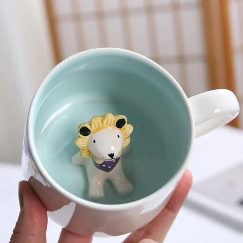 Arawat Bonita taza de café de león con leones en el interior, tazas de té de animales con cuchara, tazas de té de cerámica de 12 onzas, taza de café