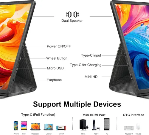 Miniatura 2 de moonka Monitor portátil de 10.5 pulgadas, pantalla FHD IPS de 1920 x 1280P, pantalla USB-C, segundo externo para laptop, PC, teléfono Mac, PS