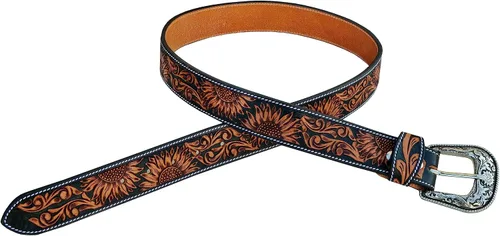 Miniatura 4 de Western Cuero Genuino Girasol Floral Tooled Casual Jeans Cinturón Con Hebilla Removeable 30AB101
