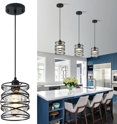 Miniatura 9 de Paquete de 1 lámpara colgante de 6.3 pulgadas en espiral negra para isla de cocina, luz moderna de metal soplado a mano, vidrio sembrado, luz Negro