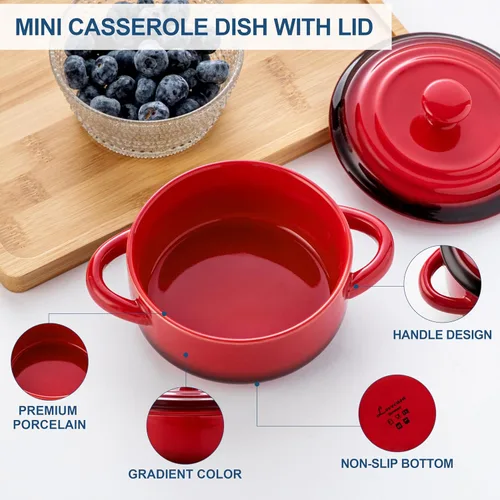 Miniatura 7 de LOVECASA Set Mini Cocotte, platos pequeños de cacerola de 12 oz con tapas, tazones de sopa con asas, ramequines de horneado individuales, aptos