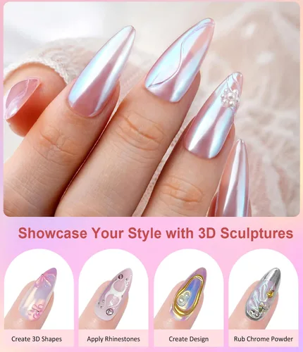 Miniatura 7 de Kit de gel de uñas 3D y polvo de uñas cromado BISHENGYF: 0.53 oz No Wipe Gel de Escultura 3D Aurora Rosa Azul Oro Cromo Polvo de uñas con pegamento