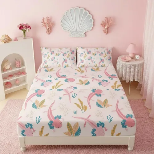 Miniatura 37 de QOOMO Ropa de cama Kawaii Axolotl para niños y niñas, diseño de flor de cerezo rosa, juego de ropa de cama súper suave para niños, con estrellas