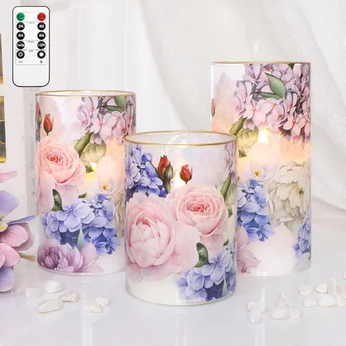 Miniatura 7 de Velas sin llama de hortensia con control remoto parpadean vidrio cera real velas LED - Decoración de fiesta en casa boda romántica tema de amor