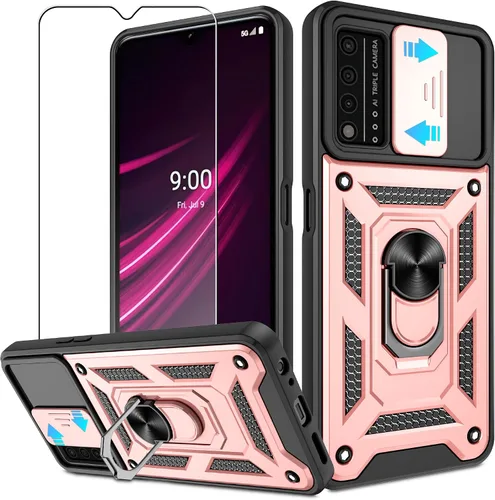 Miniatura 67 de ATUMP Funda para T-Mobile Revvl V Plus 5G con protector de pantalla HD con cubierta de cámara deslizante, soporte de anillo de rotación de 360° Negro