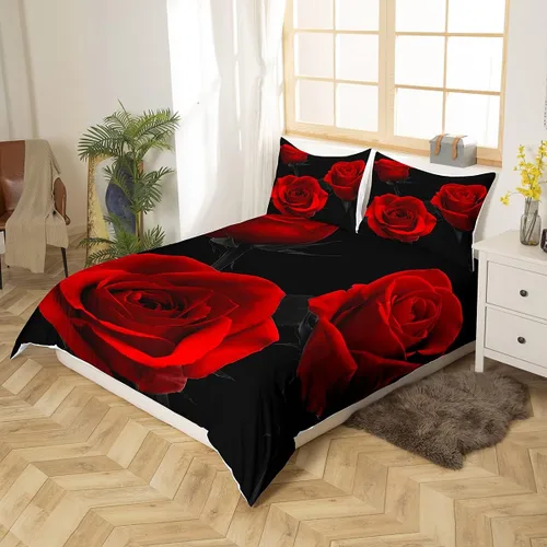 Miniatura 2 de Feelyou Juego de ropa de cama con rosas rojas, funda de edredón floral de lujo para niñas, mujeres, parejas, amantes, románticas, flores, funda