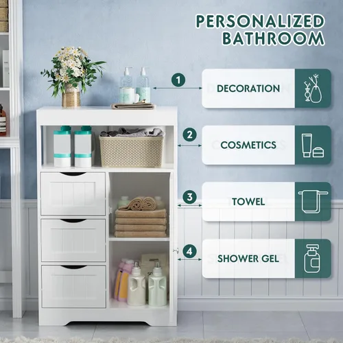 Miniatura 5 de JUMMICO Armario de suelo de baño, organizador de almacenamiento independiente de madera con 1 puerta y 3 cajones, armario de almacenamiento de baño