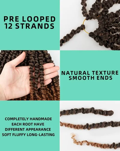 Miniatura 4 de Paquete de 8 paquetes de cabello de ganchillo Passion Twist de 14 pulgadas para mujeres negras y niños, 3 tonos degradado negro a rubio marrón
