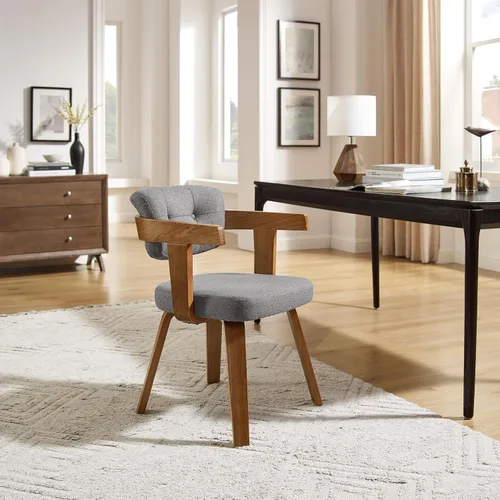 Miniatura 5 de Art Leon Silla de oficina sin ruedas, moderna de mediados de siglo, silla de escritorio tapizada de tela sin ruedas, silla con brazo decorativo