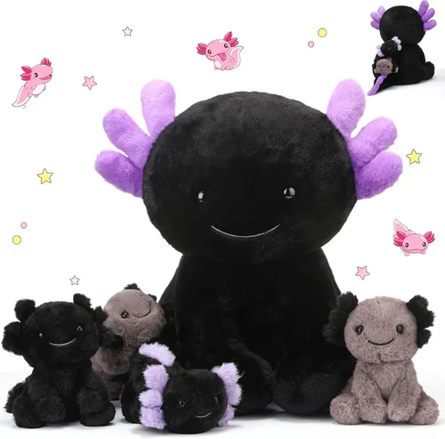 Lenwen 5 piezas de juguetes de peluche de ajolotl, 1 mamá negra con 4 bebés lindos, animales de peluche ajolote peluches en la barriga, regalos de