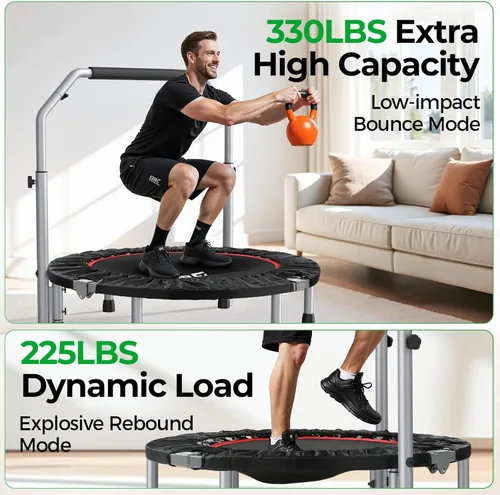 Miniatura 3 de BCAN SP2 - Mini trampolín plegable de 40/48 pulgadas, carga máxima de 330 libras/440 libras, rebote de fitness con mango de espuma ajustable, Negro