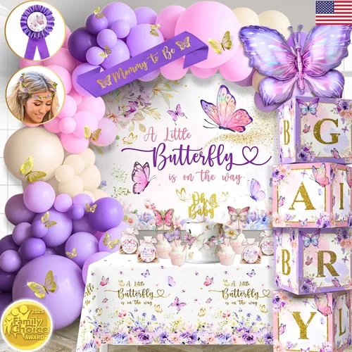 195 piezas de decoraciones de baby shower de mariposa para niña con kit de arco de globos de mariposa rosa y morado, cajas para bebé niña, telón de