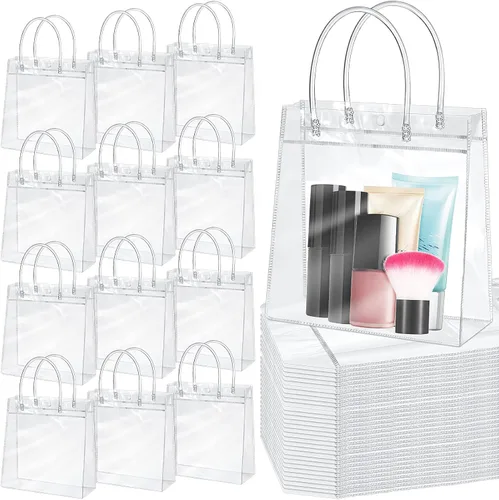 Reginary 85 bolsas de regalo de PVC transparente con asas de 6.89 x 6.89 x 3.54 pulgadas, bolsas de plástico transparente reutilizables a granel