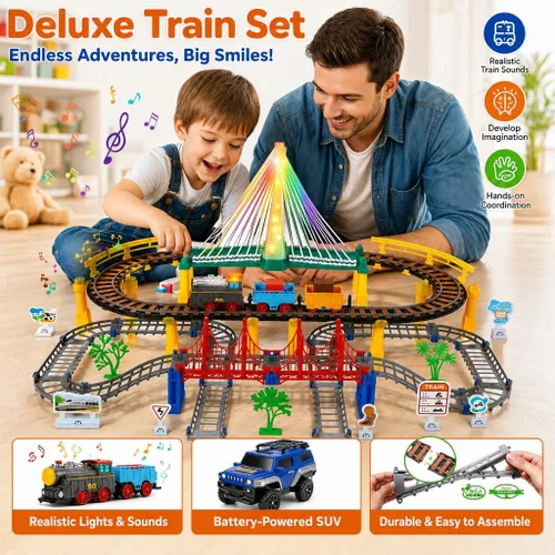 Miniatura 2 de Juego de tren eléctrico para niños de 5 a 8 años, 2 en 1, pistas de doble capa con puente iluminado y sonidos realistas, juguete de construcción