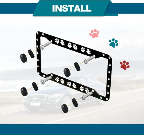 Miniatura 5 de Marco de placa con huellas de pata - 2 piezas de placa de matrícula personalizada de aluminio para automóvil con cubierta de huellas de pata