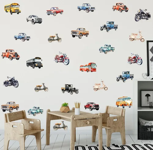 OLMIXA Calcomanías de pared de automóvil clásico con acuarela para motocicleta, vintage, autobús escolar, camioneta, camión, decoración de pared de