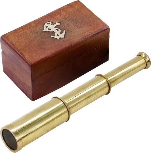 Mythrojan Telescopio de latón 9 "Pirata Spyglass con caja de madera regalo náutico monocular telescopio decorativo con óptica de vidrio para
