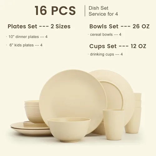 Miniatura 2 de Homienly Juegos de Vajilla Premium de Paja de Trigo, Platos y Tazones Ligeros e Irrompibles, Tazas, Servicio para 4, Apto para Lavavajillas