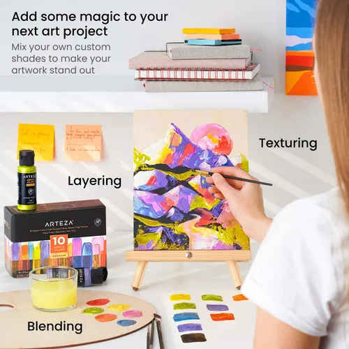 Miniatura 6 de ARTEZA Juego de pintura acrílica iridiscente, 10 tonos galaxia, pinturas brillantes a base de agua para lienzo, madera, rocas, telas y proyectos