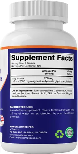Miniatura 8 de Vitamatic Magnesio como lisinato de glicinato - 240 tabletas - 100% magnesio quelatado - Apoya la relajación muscular, corazón y salud nerviosa*