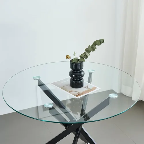 Miniatura 5 de Mesa de comedor redonda de 36 pulgadas para 4, mesa de comedor contemporánea de vidrio templado, mesa de comedor pequeña con base de metal de cruz