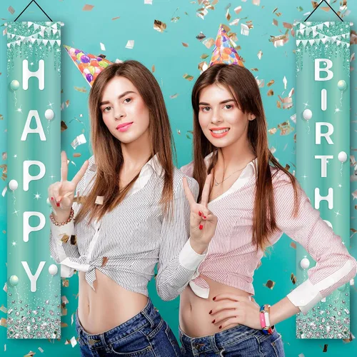 Miniatura 4 de Cartel de puerta de feliz cumpleaños plateado verde azulado con diamantes de imitación turquesa, decoración de cumpleaños azul claro dulce 16 feliz
