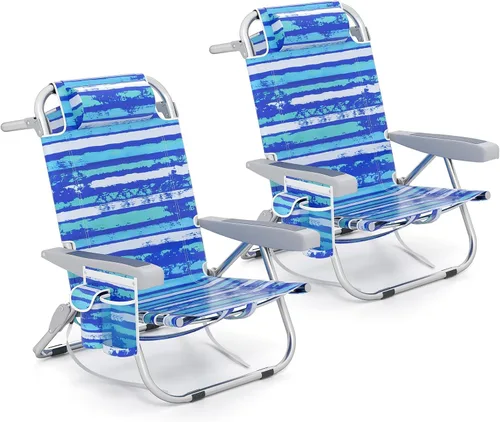Miniatura 14 de Giantex Silla de playa tipo mochila, silla de camping plegable con 5 posiciones ajustables, soporte para tazas, bolsillos de almacenamiento