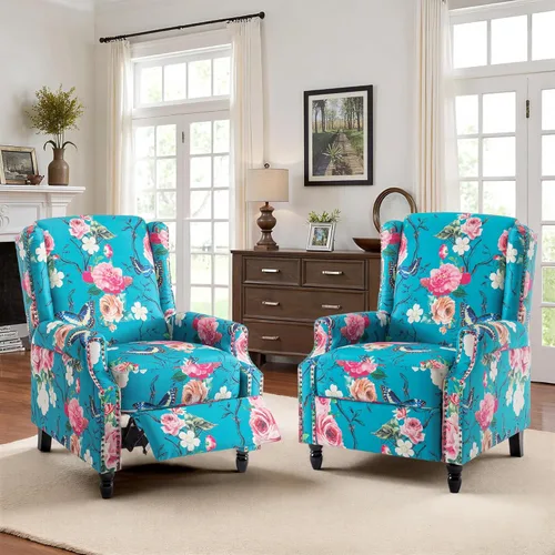 Miniatura 60 de Silla reclinable tapizada, sillón de ala floral con respaldo y reposapiés ajustables, cómoda silla decorativa para leer, sofá individual