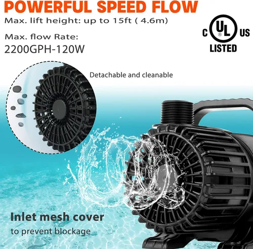 Miniatura 2 de WaterRebirth (2200GPH-120W, listado UL) Fuente grande de alto flujo sumergible para estanque de agua Bomba de sumidero de estanque de acuario Bomba