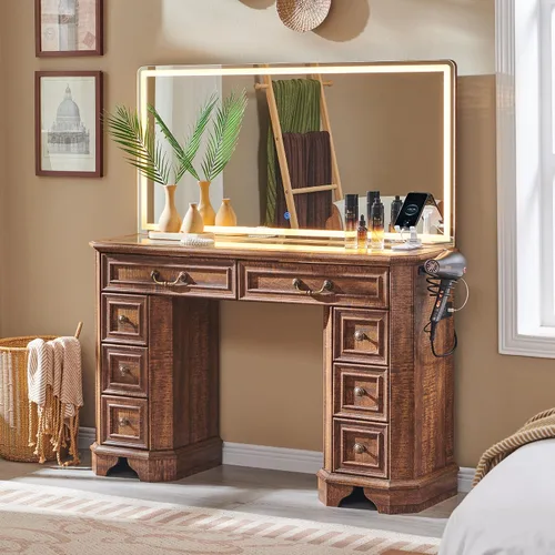 Miniatura 9 de Escritorio con espejo y luces, luces LED de 48 pulgadas, tocador de maquillaje con 8 cajones, mesa de tocador con 3 modos de color, tocador