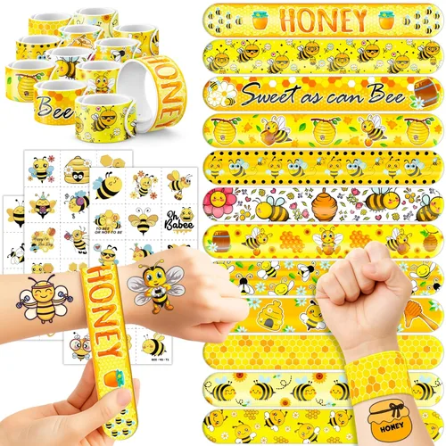 Juego de 72 piezas para fiesta de abejas, 48 tatuajes temporales y 24 pulseras de bofetada, suministros de cumpleaños con temática de abejorro,