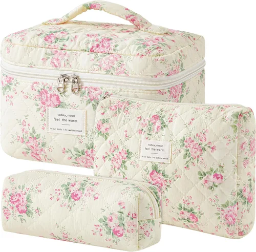 Miniatura 36 de HBselect Bolsa de maquillaje acolchada, 3 piezas de algodón grande, bolsa de maquillaje de viaje, bonita bolsa de maquillaje floral de coqueta