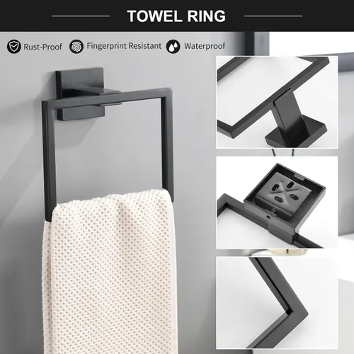 Miniatura 4 de TQKAG Juego de 6 piezas de barras para toallas de baño negro mate, barra para toallas de 23.6 pulgadas de acero inoxidable, anillo para toallas