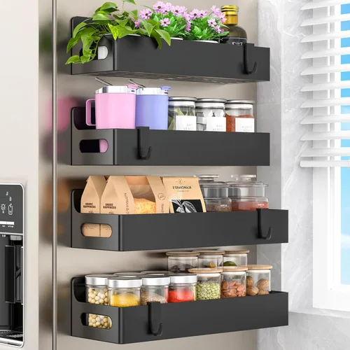 Miniatura 21 de HuggieGems Paquete de 4 organizadores magnéticos para especias para refrigerador y horno, organizadores de nevera gris claro y almacenamiento