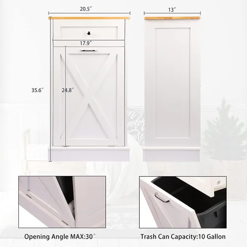 Miniatura 3 de TOLEAD Armario de basura inclinable de pie de 10 galones con puerta de granero para cocina, sala de estar, comedor, color blanco