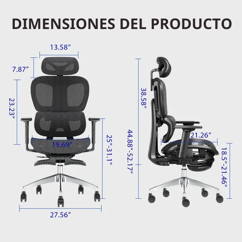 Miniatura 3 de PatioMage Silla de oficina de malla con reposapiés, silla giratoria ergonómica de escritorio de oficina con respaldo reposacabezas ajustable