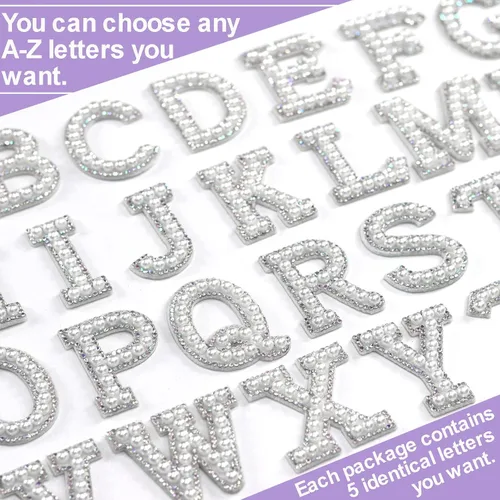 Miniatura 3 de Parche de letras A-Z para planchar con diamantes de imitación brillantes de perlas del alfabeto inglés, parche de costura para vestido de novia